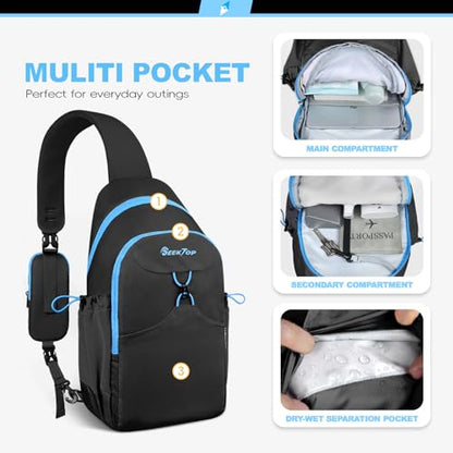 Seektop RFID Anti-Theft Crossbody Bag Sling Backpack for Women & Men, Casual Chest Daypack for Daily Travel - color: Black
