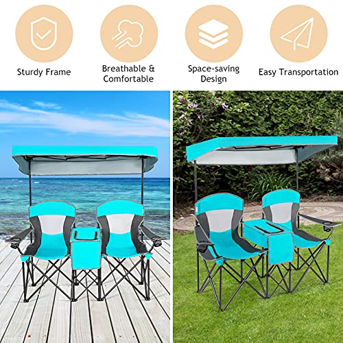 S AFSTAR Double Camping Chair w/Shade Canopy, 2-Person Folding Camp and Beach Chair with Mini Table Beverage Cup Holder Carrying Bag, Collapsible Camping Chairs for Garden Patio Pool Beach - color: Turquoise