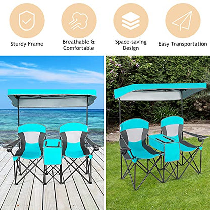 S AFSTAR Double Camping Chair w/Shade Canopy, 2-Person Folding Camp and Beach Chair with Mini Table Beverage Cup Holder Carrying Bag, Collapsible Camping Chairs for Garden Patio Pool Beach - color: Turquoise