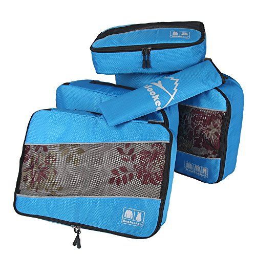 5 Set Packing Cubes for Travel Large Suitcase Luggage Organizer Bags Travel Accessories Vacation 4 Cubes 1 Laundry Pouch Bag - color: Blue