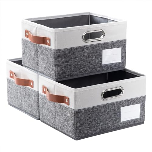 PRANDOM Foldable Storage Bins with Handles [3-Pack] Fabric Collapsible Storage Boxes Baskets Cubes Containers with Handles for Closet Living Room Bedroom (Grey & White 11.5x8.5x6.7'') - color: Grey & Cream, size: Medium(3-Pack)