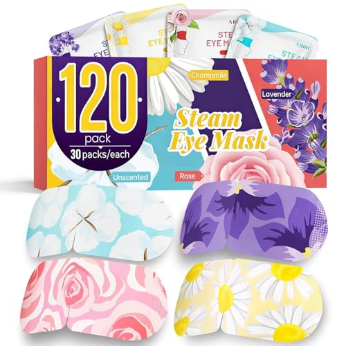 AROIC 120 Pack Steam Eye Masks Disposable, Heated Sleep Eye Mask for Women Warm Compress for Eyes, Relaxation Mothers Day Gifts, Travel Essentials - Lavender, Unscented, Chamomile, Rose - size: 1 Count (Pack of 120)