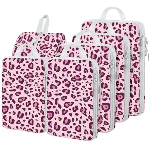 6 Set Compression Packing Cubes, Suitcase Organizer, Lightweight Travel Essentials, Compression Bags For Travel Accessories Luggage Storage Set (6Pcs, Purple Leopard) - color: Purple Leopard-6pcs, size: Set of 6
