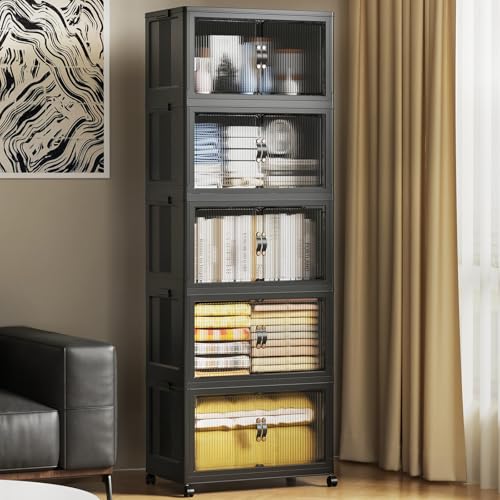 SAILUN 44Gal/175Qt Stackable Storage Bins Folding Collapsible Storage Bins with Lid, Closet Organizers and Storage Box with Door Black 18" W x 11" D x 51" H - color: Black, size: 1 Lid 5 Pack-18" W x 11" D x 51" H