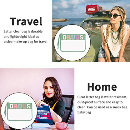 Iqimott Chenille Letter Clear Bag Drugs Pouch, Monogram PVC & PU Makeup Cosmetic Bag Zipper Toiletry Pouch, Waterproof Portable Purse Travel Beach Snack Wristlet Bags for Women Girls(Drugs,Green) - color: Drugs-NewGreen