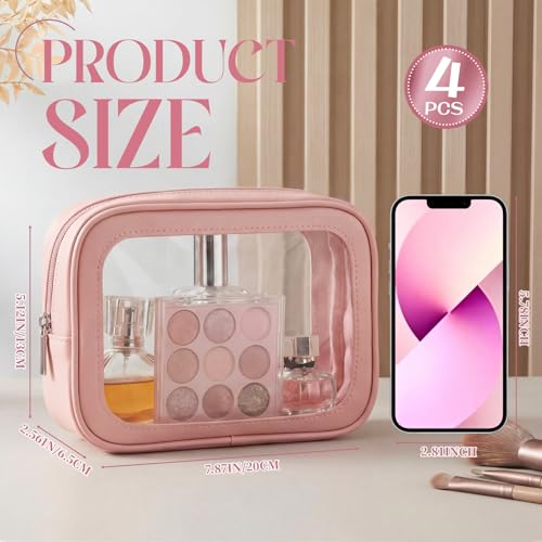 Abbylike 4 Pcs Pink Clear Makeup Bag PU Leather Tsa Approved Toiletry Bag with Zipper Transparent Waterproof Portable Cosmetic Bags Travel Car Clear Organizer Bags for Women Girls Mother's Day - color: Pink
