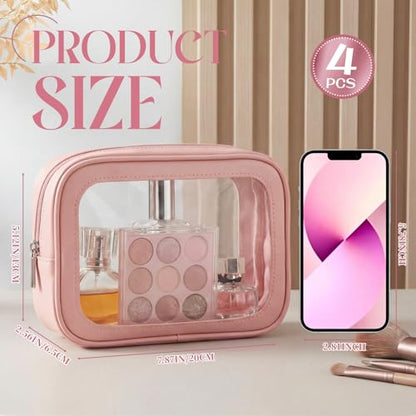Abbylike 4 Pcs Pink Clear Makeup Bag PU Leather Tsa Approved Toiletry Bag with Zipper Transparent Waterproof Portable Cosmetic Bags Travel Car Clear Organizer Bags for Women Girls Mother's Day - color: Pink