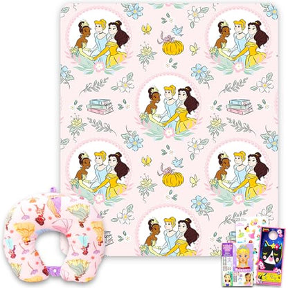 Disney Princess Travel Blanket and Pillow Set - Bundle with 40"x 50" Belle, Tiana, Rapunzel Throw Blanket, Neck Pillow, Stickers, More | Disney Princess Travel Accessories for Kids, Girls