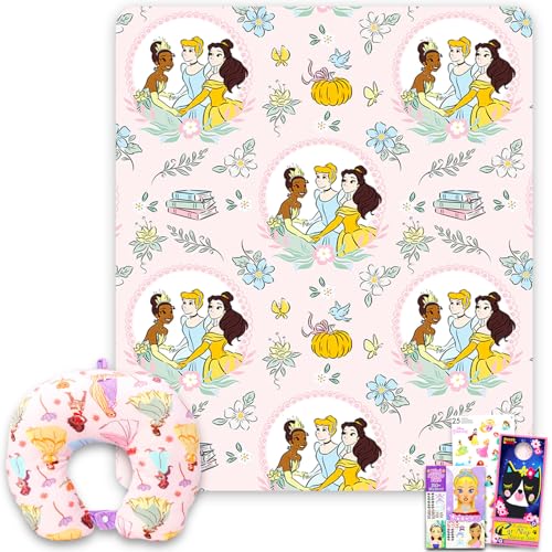 Disney Princess Travel Blanket and Pillow Set - Bundle with 40"x 50" Belle, Tiana, Rapunzel Throw Blanket, Neck Pillow, Stickers, More | Disney Princess Travel Accessories for Kids, Girls