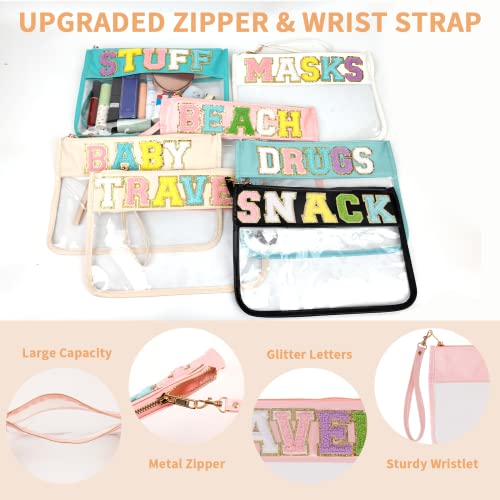 Iqimott Chenille Letter Clear Bag Travel Pouch, Monogram PVC & PU Makeup Cosmetic Bag Zipper Toiletry Pouch, Waterproof Portable Beach Snack Wristlet Bags for Women Girls(Travel, Pink) - color: Travel-Pink
