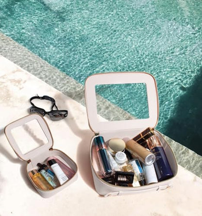 LETGO Clear Window Makeup & Sunscreen Bag TSA Approved Waterproof PU Leather Travel Toiletry Organizer with Gold Zipper,Portable Cosmetic Pouch for Summer Beach Vacation,Pool &Gym(Mini Beige) - color: Beige, style: Mini