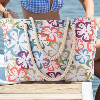 CaCTOUR Large Beach Bag Women,Beach Bags Waterproof Sandproof with Zipper Wet Pocket,Beach Tote Pool Bag for Swim Gym Travel - color: Flower