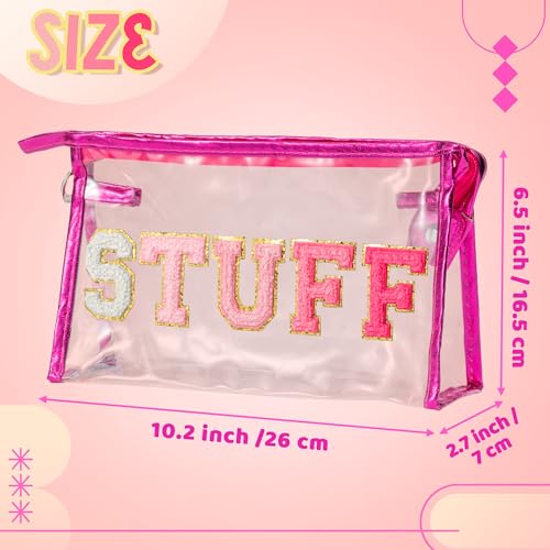 Y1tvei STUFF Large Makeup Bag - Preppy Patch Chenille Varsity Letter Transparent PVC Clear Extra Large Cosmetic Pouch Portable Waterproof Travel Organizer Toiletry Compliant Bag for Women(Rose Red) - color: Rose red STUFF Rose Red