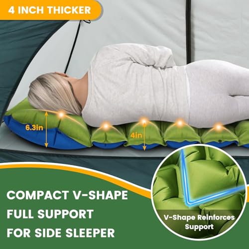2 Pack Camping Sleeping Pad 4-Inch Thick with Foot Pump & Pillow, Inflatable Sleeping Mat for Side Sleepers, Stays Firm All Night, Lightweight for Hiking, Backpacking & Tent Camping - color: Green/Blue + Green