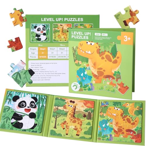 Magnetic Puzzles for Kids 3-5 Years, 3 in 1 Montessori Learning Toys with 9/16/25 PCS, Travel Activity for Toddlers Age 3-5, Preschool Puzzle Game with Animal Designs (Panda, Giraffe, Dinosaur) - color: Green