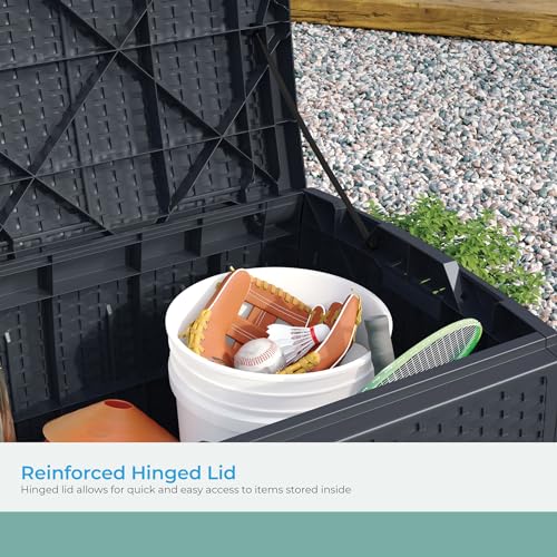 Suncast Outdoor Storage Box - 73 Gallon Cyberspace Resin Wicker Deck Box with Lockable Lid, Outdoor Storage Bin for Patio Cushions, Shoes, Pool & Garden Gear, Made in USA - style: Deck Box (Cyberspace)