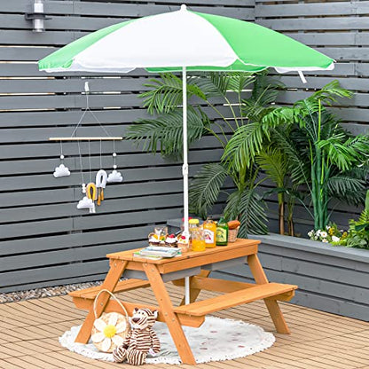 HONEY JOY Kids Picnic Table, 4 in 1 Cedar Wooden Sand & Water Table w/ 2 Removable Box & Umbrella, Kids Picnic Tables for Outdoors Backyard Garden, Toddler Patio Furniture Set for Boys Girls(Natural) - color: Natural