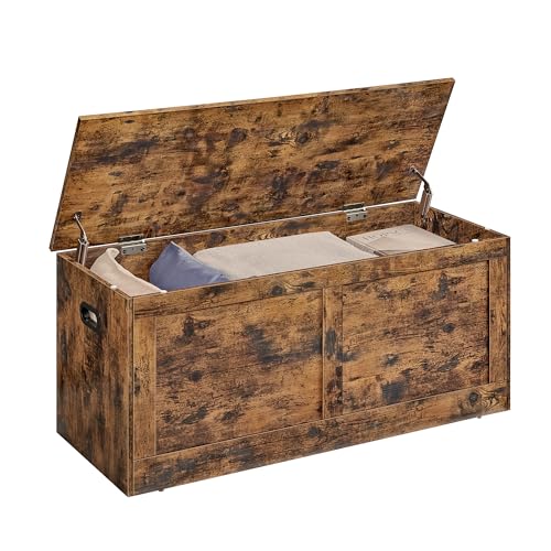 VASAGLE Storage Chest, Storage Trunk with 2 Safety Hinges, Storage Bench, Shoe Bench, Farmhouse Style, 15.7 x 39.4 x 18.3 Inches, for Entryway, Bedroom, Living Room, Rustic Brown ULSB164K01 - color: Rustic Brown, size: 39.4"W x 18.3"H, style: Modern