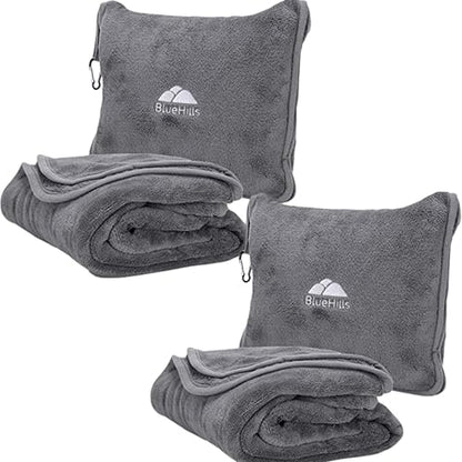 BlueHills 2-Pack Premium Soft Travel Blanket Pillow Airplane Blanket in Soft Bag Pillowcase with Hand Luggage Belt and Backpack Clip, Compact Pack Large Blankets for Any Travel (Grey Gray T013) - color: Gray-2pk-t013