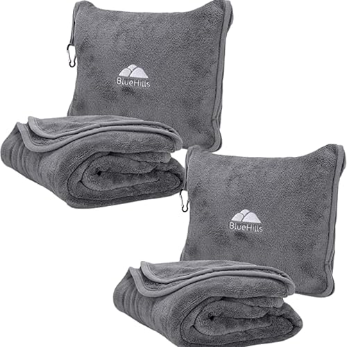 BlueHills 2-Pack Premium Soft Travel Blanket Pillow Airplane Blanket in Soft Bag Pillowcase with Hand Luggage Belt and Backpack Clip, Compact Pack Large Blankets for Any Travel (Grey Gray T013) - color: Gray-2pk-t013