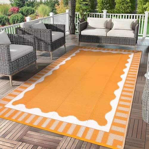 Garvee Large Waterproof Outdoor Rug 9x18 Outdoor Patio Rug, Modern Scalloped Reversible Plastic Straw Camping Rugs, Bordered Outside Carpet for Picnic Backyard Deck Balcony Trailer, Orange - color: Bordered|orange, size: 9' x 18' (Rectangular)