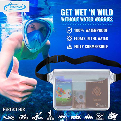 AiRunTech Waterproof Pouch with Waist Strap (2 Pack) | Beach Accessories Best Way to Keep Your Phone and Valuables Safe and Dry | Perfect for Boating Swimming Snorkeling Kayaking Beach Pool Water Park - color: Clear + Clear
