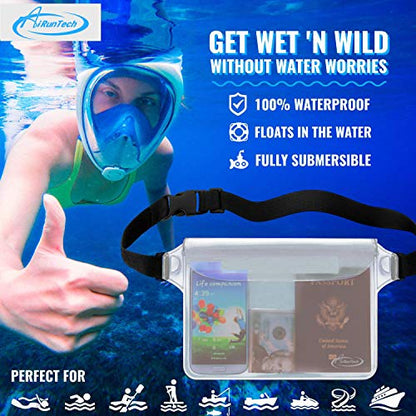 AiRunTech Waterproof Pouch with Waist Strap (2 Pack) | Beach Accessories Best Way to Keep Your Phone and Valuables Safe and Dry | Perfect for Boating Swimming Snorkeling Kayaking Beach Pool Water Park - color: Clear + Clear