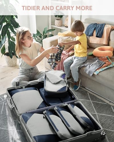 Meowoo 7 Set Compression Packing Cubes for Travel, Durable Ripstop Mesh Suitcase Organizer with Shoe Bag, Ultralight & Expandable Space Saver Travel Cubes - color: Navyblue