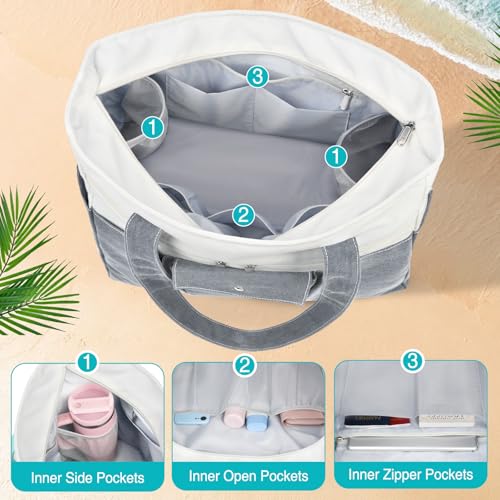Beach Bags for Women Large Canvas Beach Tote with Zipper Wet Pocket, Waterproof Foldable Swim Pool Travel Tote Bags - color: Gray