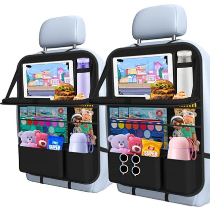 Car Backseat Organizer with table Tray(1Pack) 9 Storage Pockets Backseat Car Organizer with Tablet Holder, Back seat Organizer for Kids Road Trip Essentials Travel - style: 1Pack with Food Tray-Black