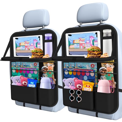 Car Backseat Organizer with table Tray(1Pack) 9 Storage Pockets Backseat Car Organizer with Tablet Holder, Back seat Organizer for Kids Road Trip Essentials Travel - style: 1Pack with Food Tray-Black