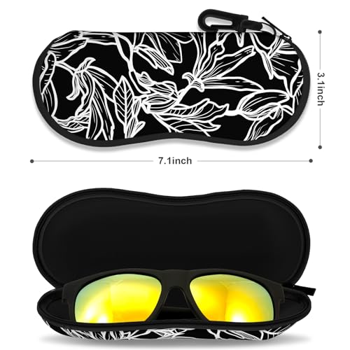 Sunglasses Soft Case, Ultra Light Portable Neoprene Zipper Glasses Case for Men Women - color: Black White Leaves