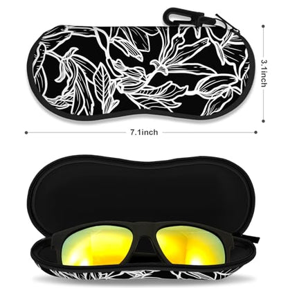 Sunglasses Soft Case, Ultra Light Portable Neoprene Zipper Glasses Case for Men Women - color: Black White Leaves