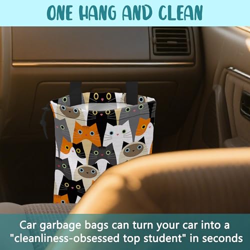 Car Trash Bag Cute Cartoon Cats Leak-Proof Waterproof Car Garbage Bag with Drawstring Foldable Canvas Trash Bin with Adjustable Buckle for Car Accessories, Travelling, Camping - color: Cute Cartoon Cats