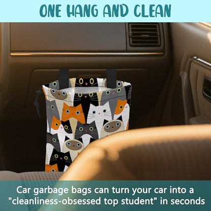 Car Trash Bag Cute Cartoon Cats Leak-Proof Waterproof Car Garbage Bag with Drawstring Foldable Canvas Trash Bin with Adjustable Buckle for Car Accessories, Travelling, Camping - color: Cute Cartoon Cats