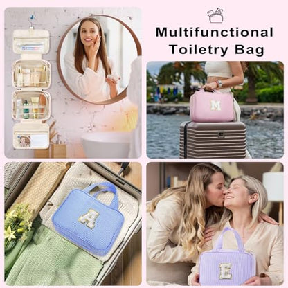 TOPEAST Hanging Toiletry Bag for Women - Travel Toiletry Bag Makeup Bag, Portable Toiletries Cosmetic Bag, Airplane Travel Essentials - Letter T, Pink - color: Pink, style: T