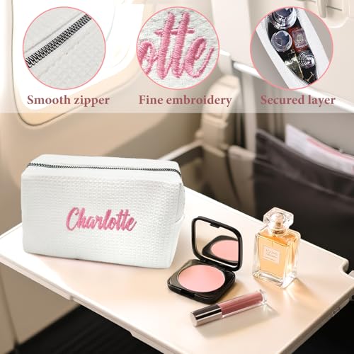 Personalized Cosmetic Bag Waffle Makeup Bag for Girls - Custom Travel Organizer Toiletry Bag with Embroidered Name - Personalized Bridesmaid gifts for Wedding - Gifts for Teen Girls Sister Friend