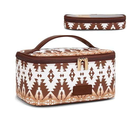 Montana West X Wrangler Travel Makeup Bag 2pcs Set Large Cosmetic Bag with Makeup Brush Holder Portable Make Up Organizer Cute Toiletry Bag with Divider and Handle for Women Aztec - color: Aztec-Coffee
