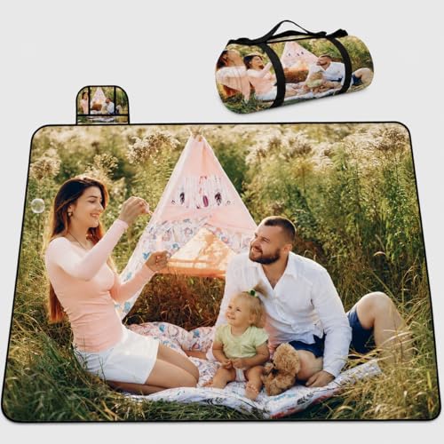 Personalized Waterproof Sandproof Beach Blanket 80''x80'', 3-Layer Foldable Picnic Blanket with Carry Strap, Camping Travel Outdoor Mat for Beach Park Hiking (Custom Text Photo) - color: Custom Text Photo