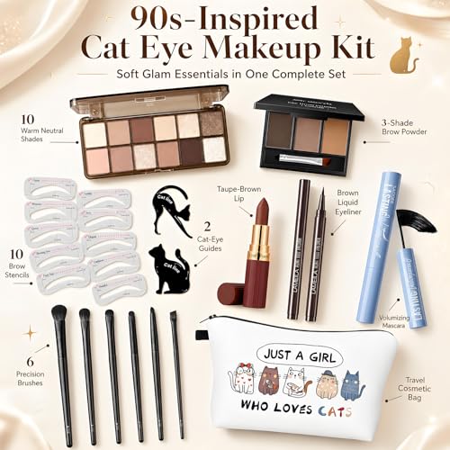 Basic Eye Makeup Kit for Women, 90s Neutral Eyeshadow, Brow Powder, Brow Stencils, Cat Eyeliner Guides, Taupe Matte Lipstick, Cat Lover Cosmetic Bag & etc. - Perfect Makeup Gift Set for Girls & Teens. - color: 10-Cat Lover