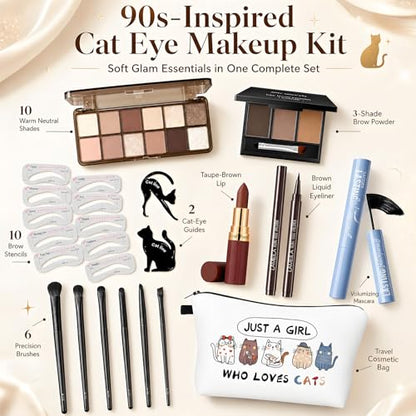 Basic Eye Makeup Kit for Women, 90s Neutral Eyeshadow, Brow Powder, Brow Stencils, Cat Eyeliner Guides, Taupe Matte Lipstick, Cat Lover Cosmetic Bag & etc. - Perfect Makeup Gift Set for Girls & Teens. - color: 10-Cat Lover