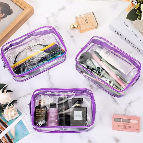 12 Pack Clear Makeup Bag, TSA Approved Toiletry Bag PVC Zippered Clear Cosmetic Pouch, Waterproof Vinyl Plastic Organizer Case for Travel Vacation Bathroom (Purple) - color: 12 Medium Purple