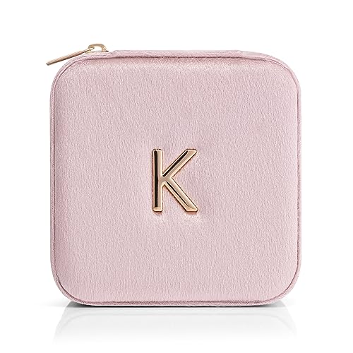 VLANDO Small Travel Jewelry Box Organizer Display Case for Rings Earrings Necklaces Storage, Selected Soft Velvet, Letter K Engraved, Pink - color: b. Powder Pink K