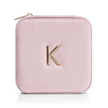VLANDO Small Travel Jewelry Box Organizer Display Case for Rings Earrings Necklaces Storage, Selected Soft Velvet, Letter K Engraved, Pink - color: b. Powder Pink K