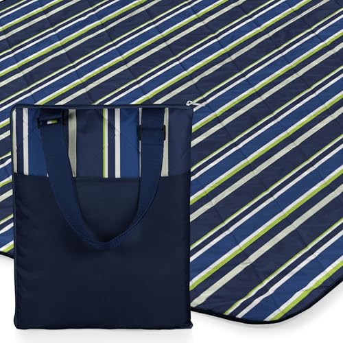ONIVA - a Picnic Time brand - Vista Outdoor Picnic Blanket & Tote - Beach Blanket - Camping Blanket, (Blue Stripe Pattern with Navy Blue Exterior) - color: Navy/Lime Stripes