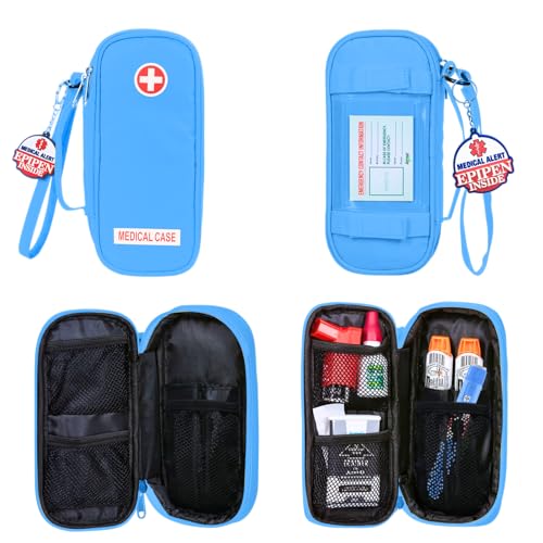 Jayour EpiPen Medical Carrying Case Insulated, Travel Medication Organizer Bag Emergency Medical Pouch, Fits 2 EpiPens, Asthma Inhaler, Anti-Histamine, Auvi-Q, Allergy Medicine Essentials (Blue) - color: Blue