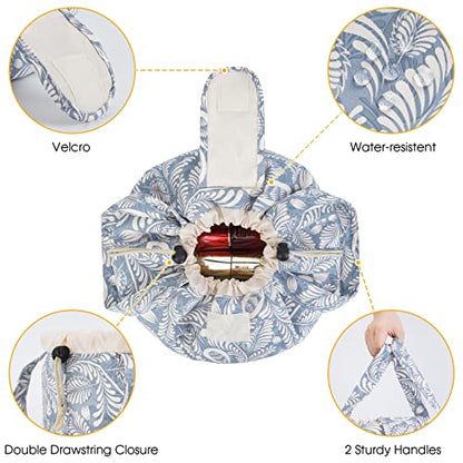 Narwey Barrel Drawstring Makeup Bag Large Cosmetic Bag Make up Bags Toiletry Organizer for Women (Blue Leaf) (Patent) - color: Y-Blue Leaf