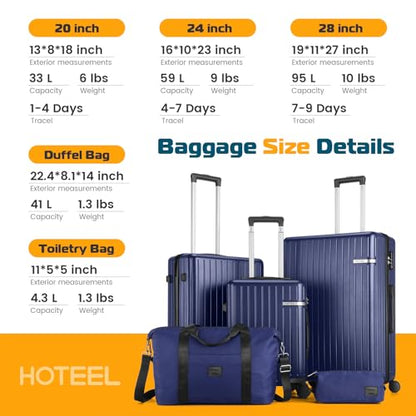 Hoteel Luggage Sets 5 Piece (4-YEARS WARRANTY), ABS+PC Suitcases with Wheels and Side Hook, Hardshell 20/24/28 inch Luggage with Duffel Bag Travel Bag, Dark Blue - color: Dark Blue, size: 5 Piece Set (20/24/28/DB/TB)