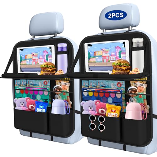 Car Backseat Organizer with Table Tray(2-Pack) 9 Storage Pockets Backseat Car Organizer and storage with Tablet Holder, Kick Mats Back Seat Cover for Kids family Road Trip Essentials Travel - style: 2 Pack with Food Tray-Black