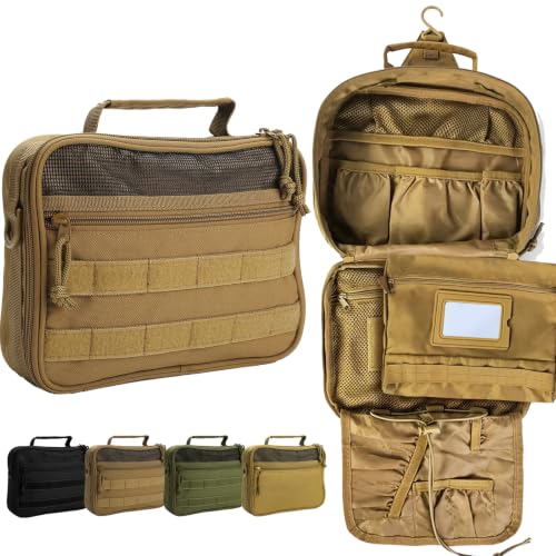 Tactical Hanging Toiletry Bag for Men，Mens Dopp Kit Khaki | Mens Travel Toiletry Bag，Water-Resistant Durable for Bathroom Camping Short Trips，Keeps Shaving Hygiene Toiletries Organized - color: Khaki